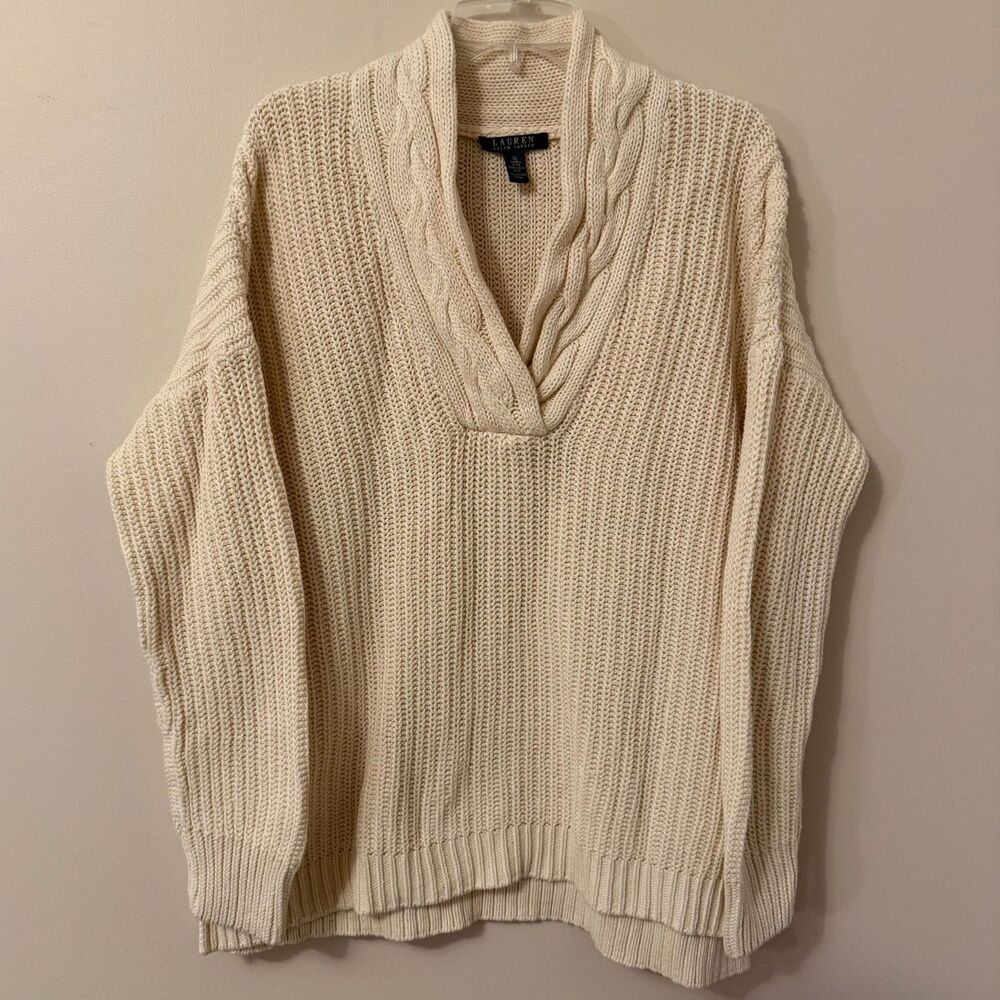 Lauren Ralph Lauren Cotton Ivory Cream Chunky Cable Knit V Neck Sweater XL